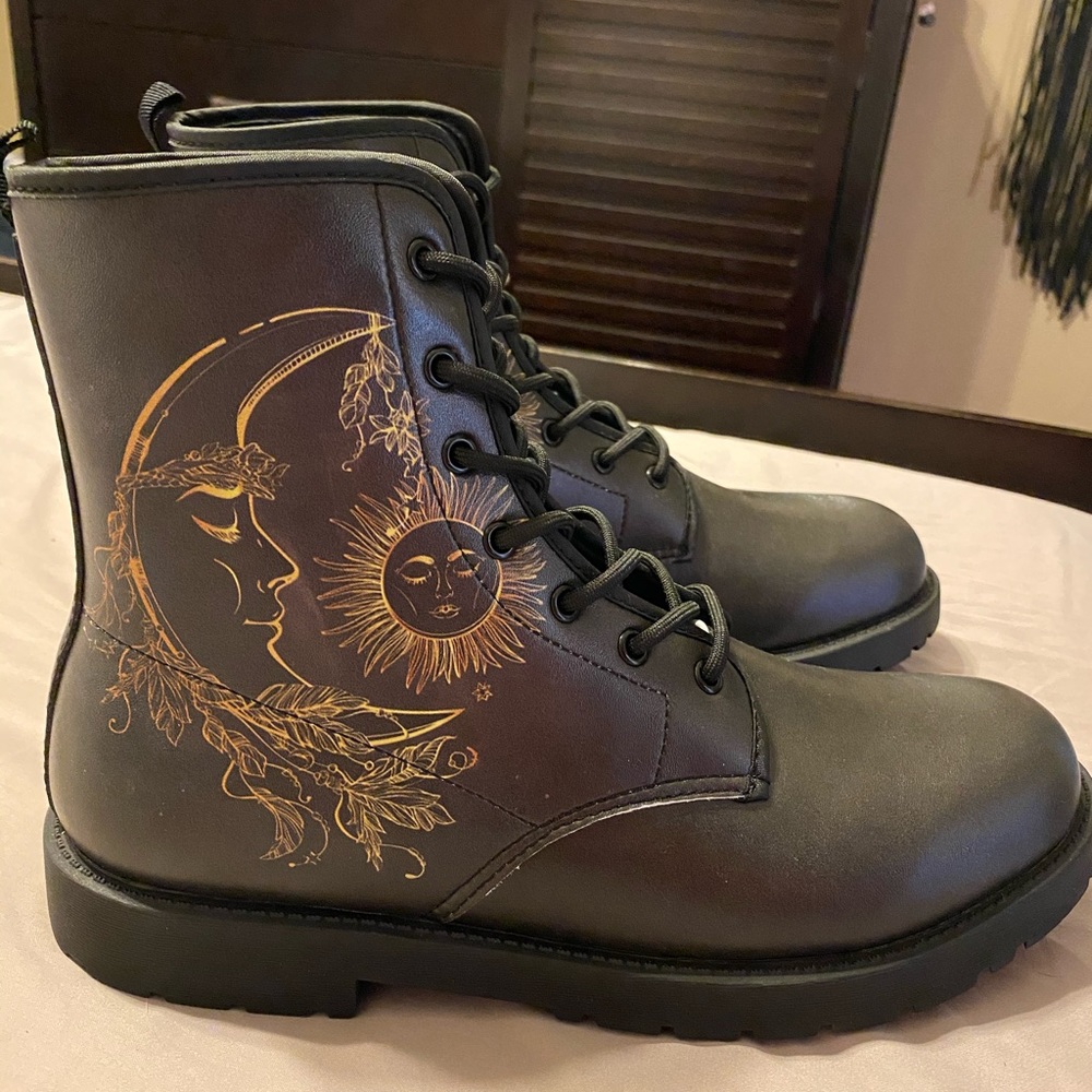 NEW Black Combat Boots with a Sun/Moon Design